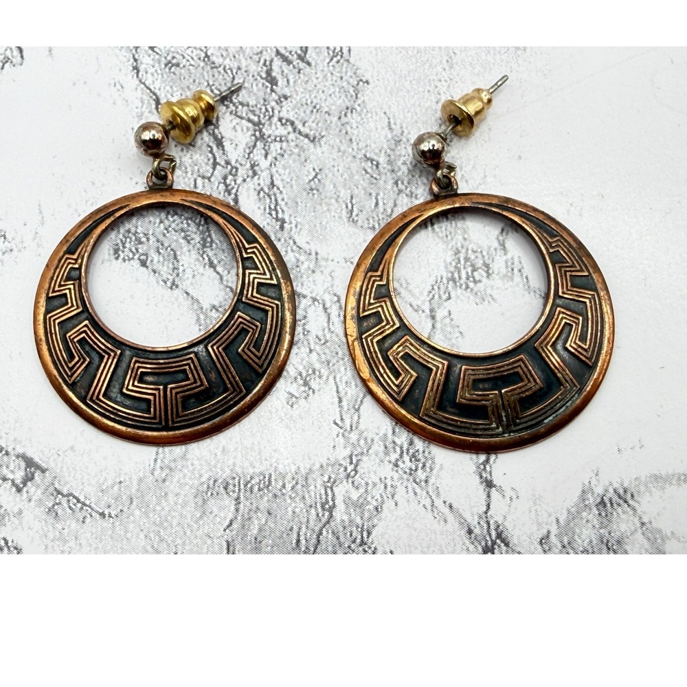 Vintage Greek Key Hoop Dangle Earrings Bronze Gold Tone‎ 1.5"